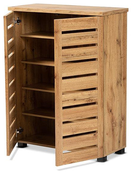 Oak Brown Finished Wood 2-Door Shoe Storage Cabinet