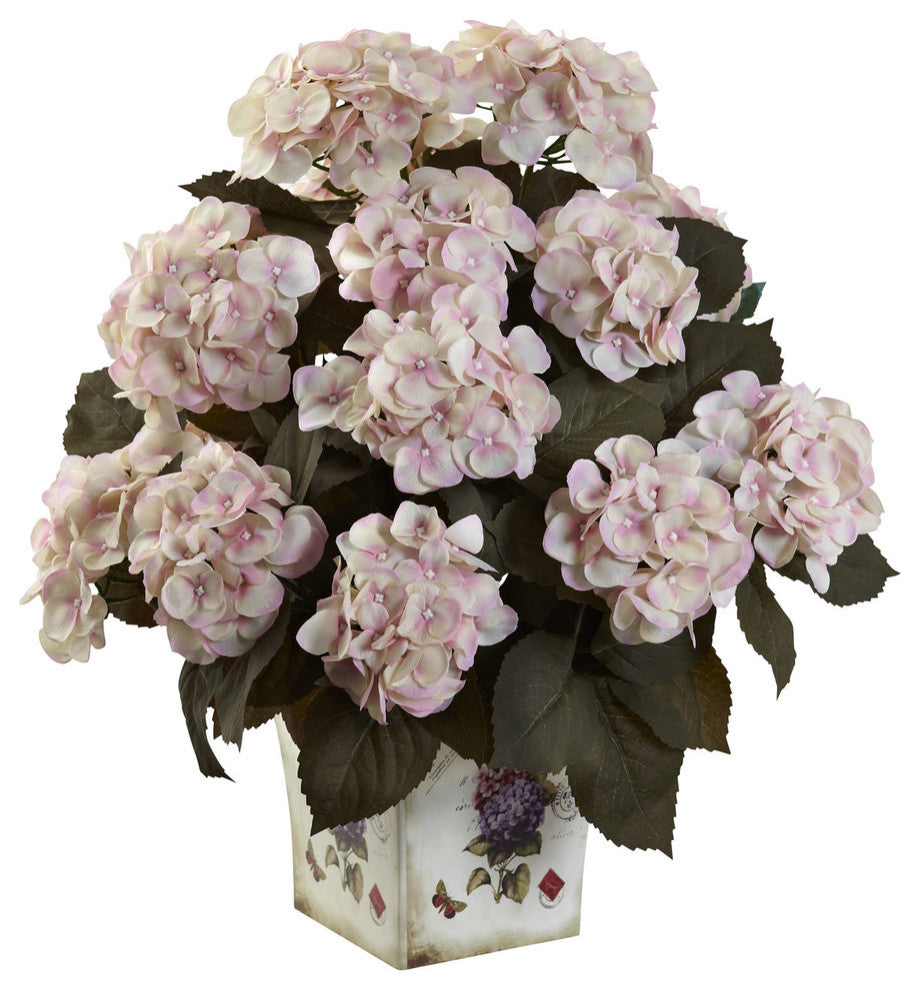 Hydrangea With Large Floral Planter, Cream and Pink