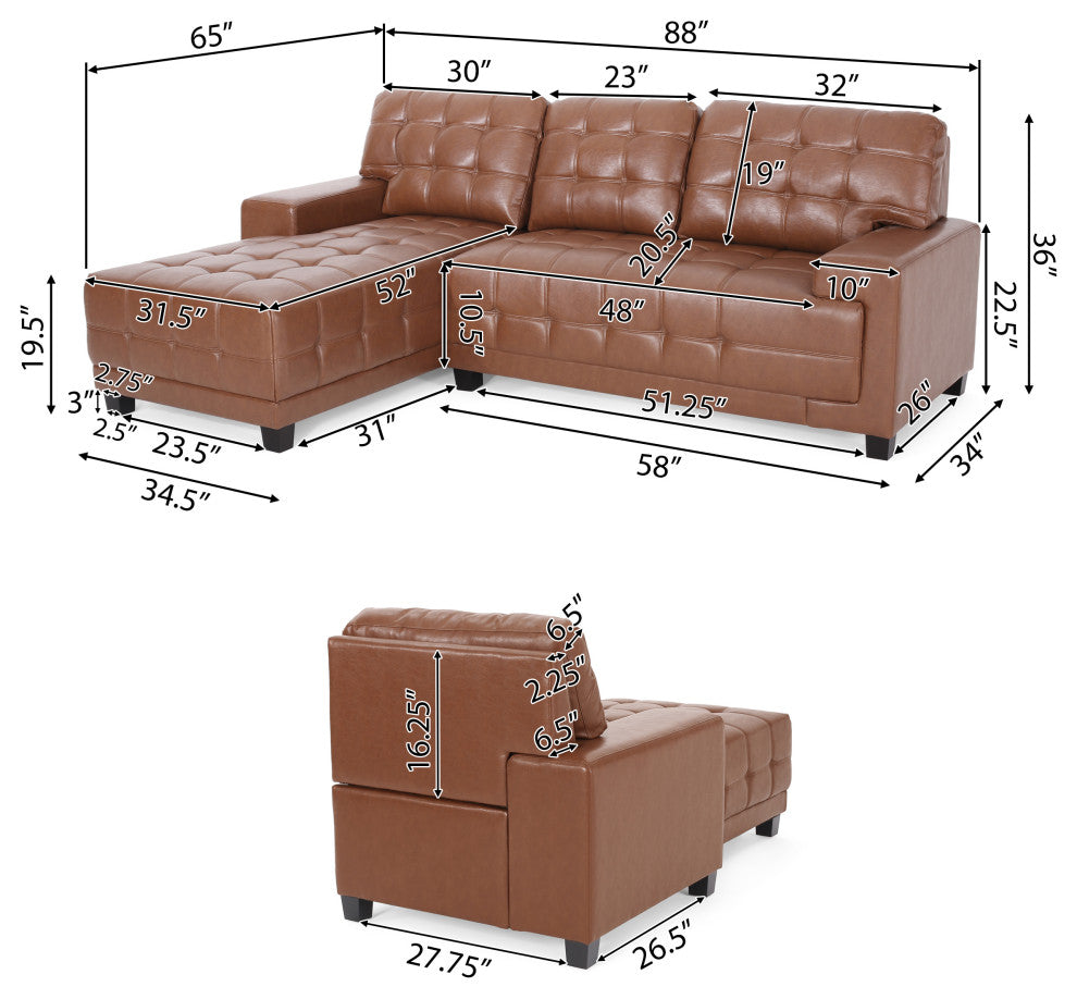 Littell Faux Leather Tufted 3 Seater Sofa, Chaise Sectional Set, Cognac/Brown