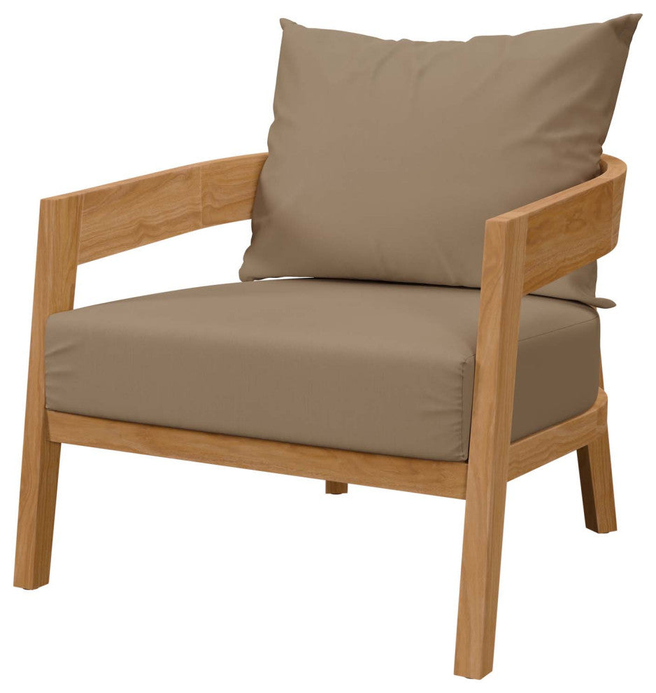 Sectional Sofa Chair Table Set, Brown Natural, Teak Wood, Modern, Outdoor Patio