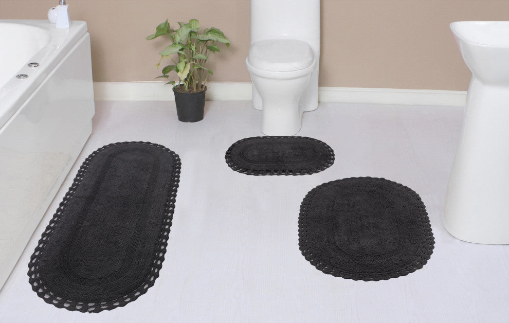 Hampton Crochet Reversible Bath Rug Set, 3-Piece Set With Runner, Gray