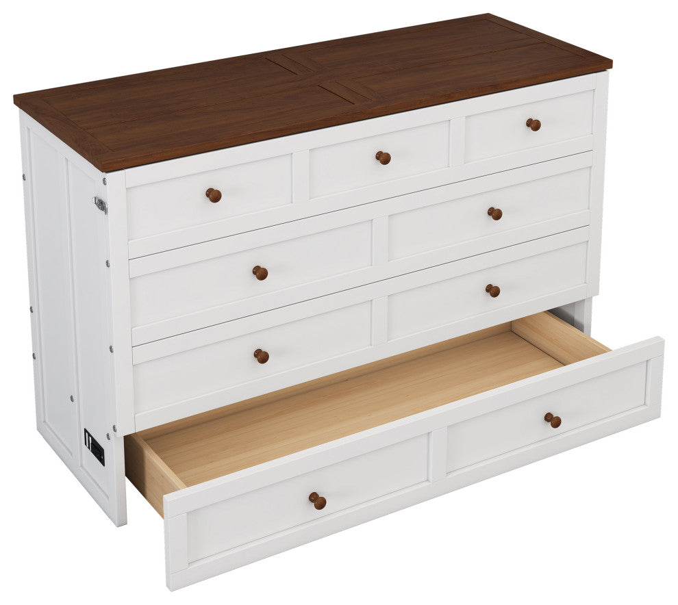 Full/Queen Solid Pine Frame Murphy Bed, Charging Station, Full