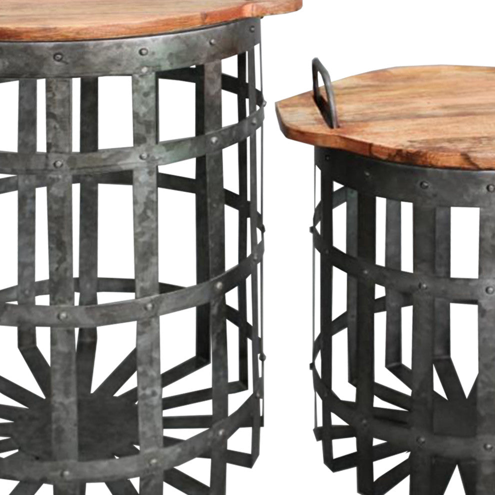 Industrial Grid End Table With Lid Handles Set of 2 Galvanized Gray Brown