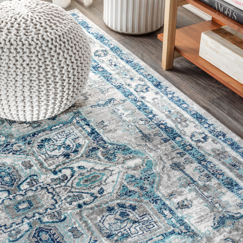 Modern Persian Vintage Medallion Light Grey/Blue 5' Round Area Rug