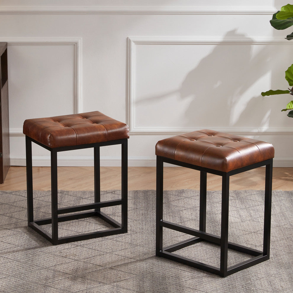 Set of 2 Button Tufted Faux Leather Counter Stools, Yellowish-Brown, 24 in