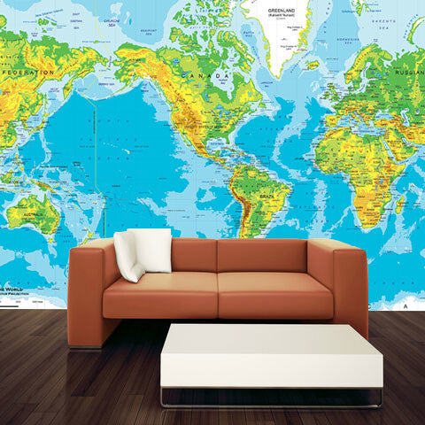 Physical World Map Wall Mural Projection, Peel and Stick, 8-Panel, 142"x96"