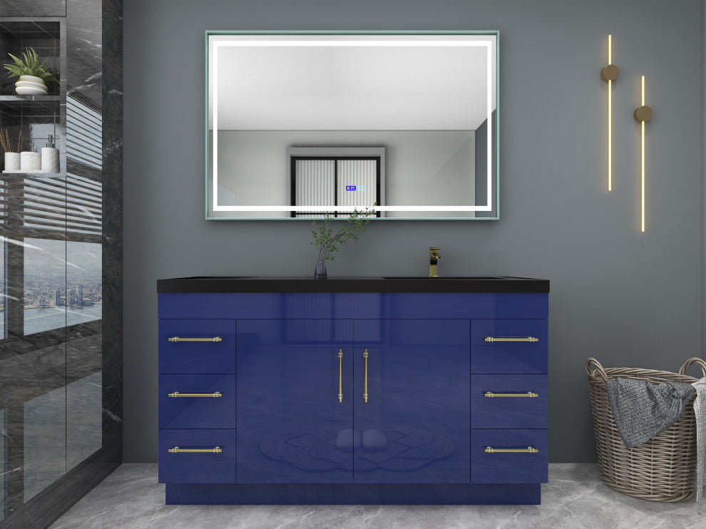 Rosa 60" Free Standing Modern Vanity, High Gloss Night Blue, Matt Black Top