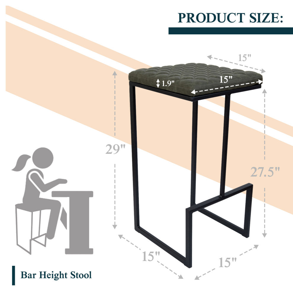 Quincy Square Barstool with Leather Seats and Metal Frame with Footrest, Gray