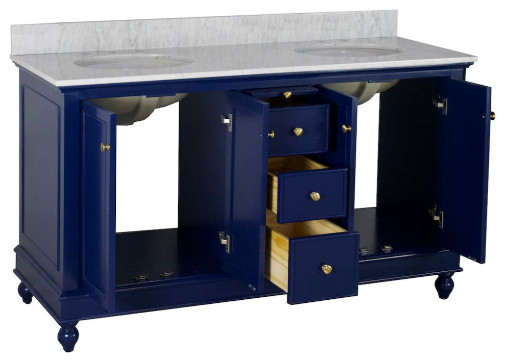 Bella 60" Bathroom Vanity, Royal Blue, Carrara Marble, Double Vanity