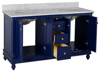 Bella 60" Bathroom Vanity, Royal Blue, Carrara Marble, Double Vanity