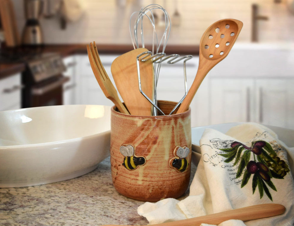 Handmade Stoneware Pottery Spoon Jar with Busy Bees Motif