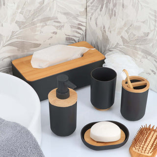 Black PADANG Soap Dish Cup Dispenser with Bamboo Tray