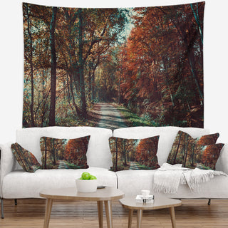 Road Through Red Fall Forest Landscape Photo Wall Tapestry, 92"x78"