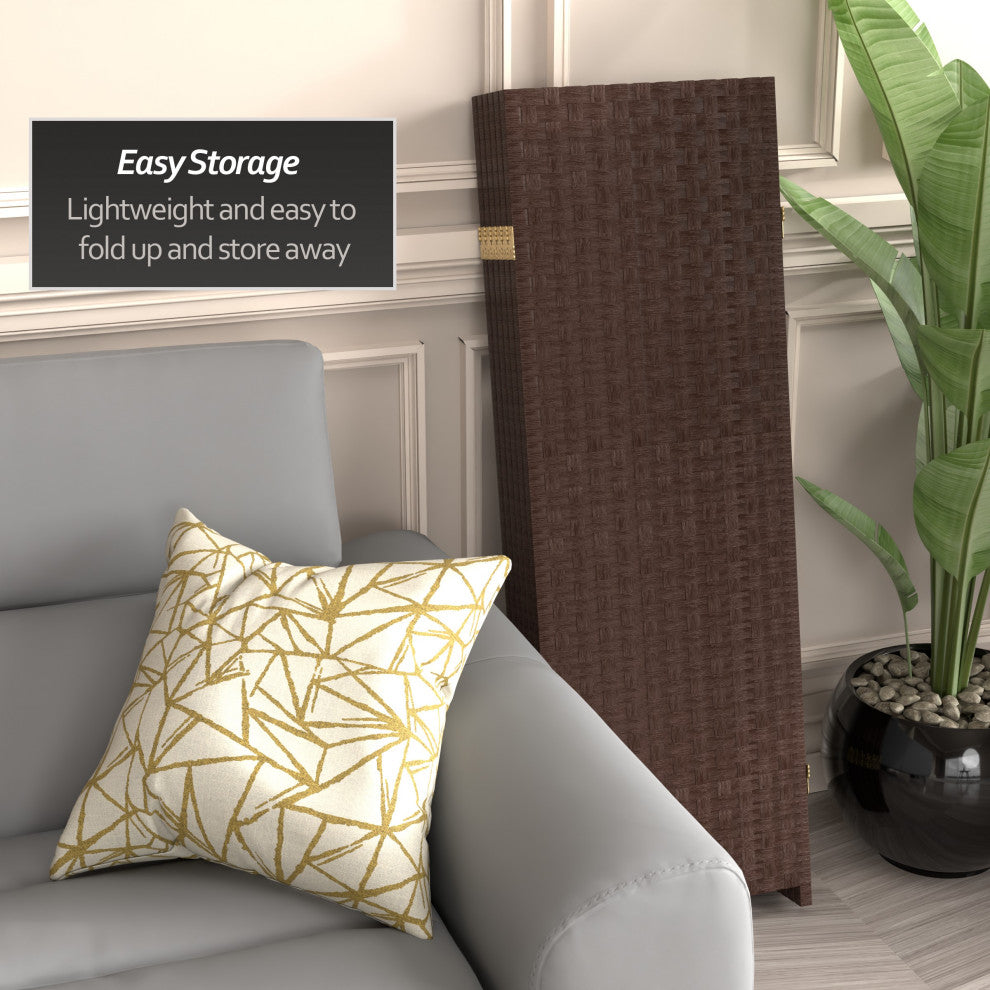 4' Tall Woven Fiber Room Divider, Dark Mocha, 6 Panel