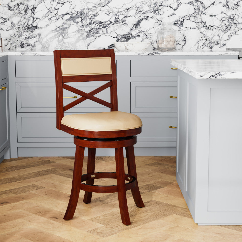 DTY Indoor Living Meeker X Back Swivel Stool, 24" Counter Stool, Cherry, Bone Leather