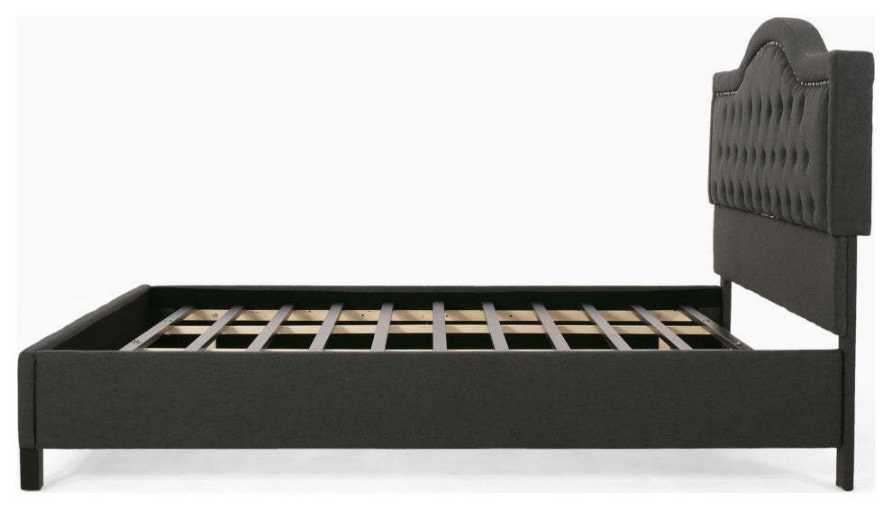 GDF Studio Margaret Fully-Upholstered Traditional King-Sized Bed Frame, Dark Gray/Dark Brown