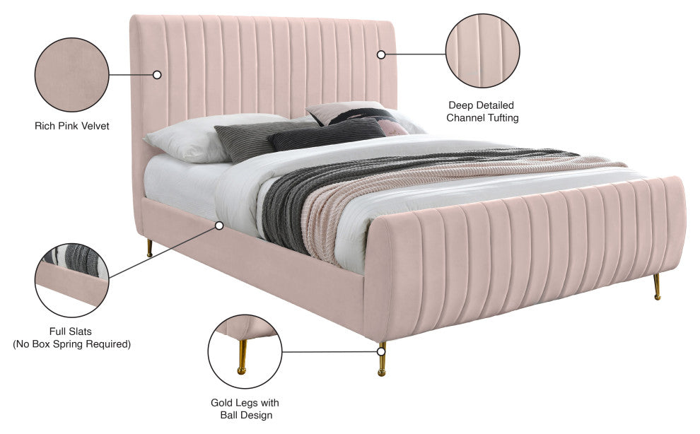 Zara Channel Tufted Velvet Upholstered Bed With Custom Gold Legs, Pink, Full