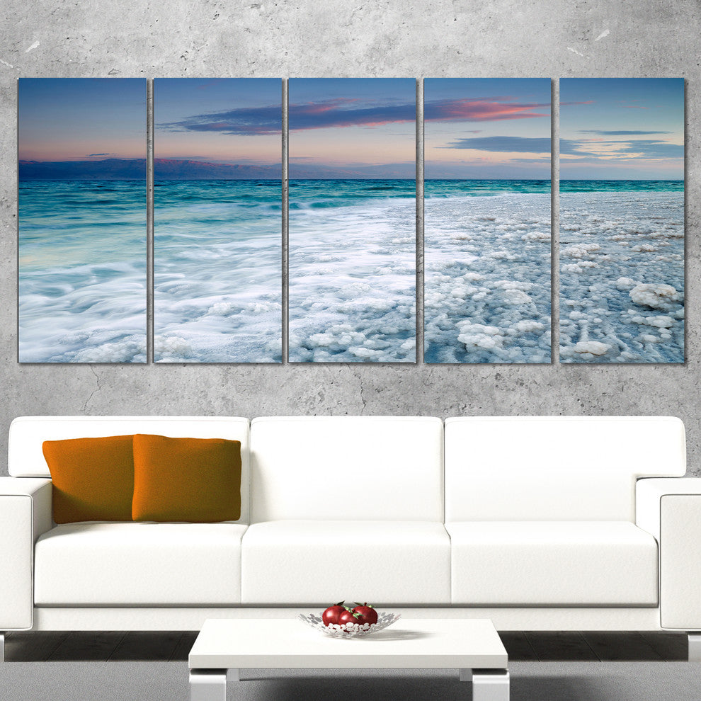 Beautiful Sunrise at Dead Sea, Seashore Canvas Art Print, 60"x28", 5 Panels