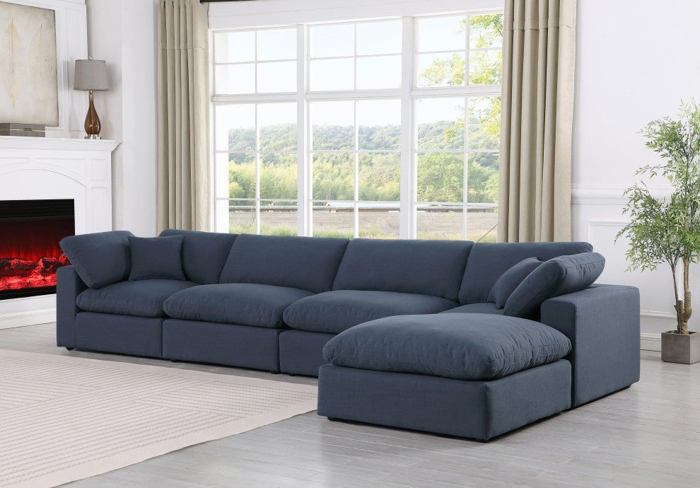 Comfy Upholstered L-Shaped Modular Sectional, Navy, 5-Piece: 2 Armless Chair, 2 Corner Chair, 1 Ottoman, Linen Textured Fabric