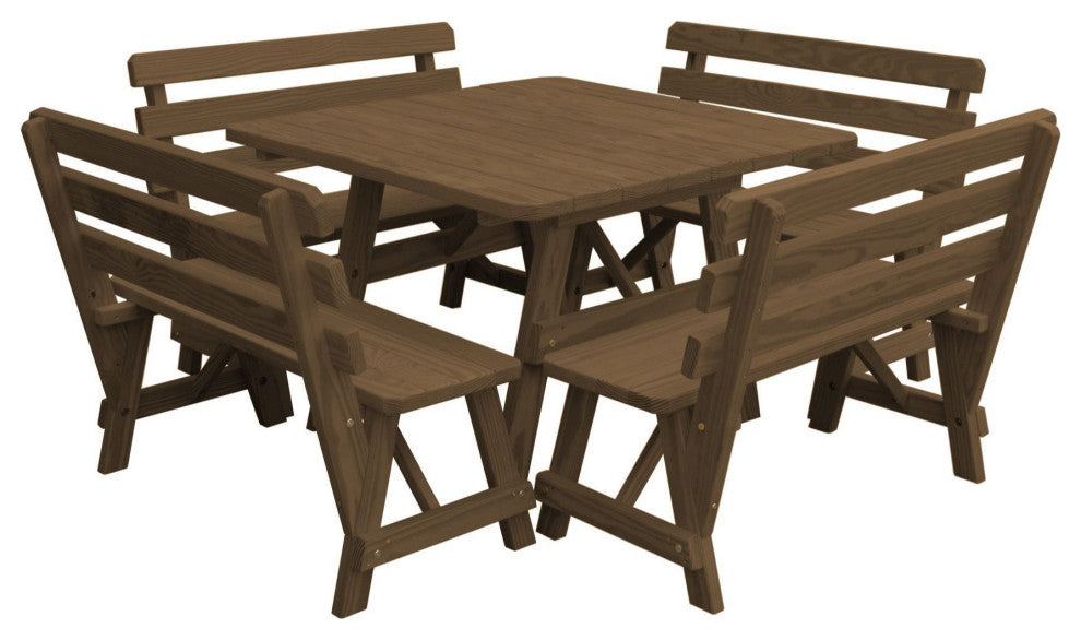 Pine 43" Square Table with Backed Benches, Mushroom Stain