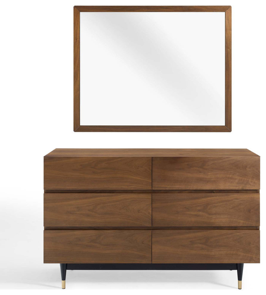Dresser Drawer Chest Mirror Set, Wood, Brown Walnut, Modern Living Room