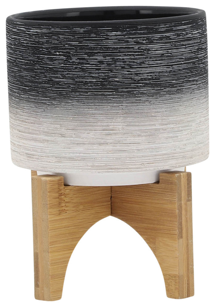 Ceramic 5" Planter On Wooden Stand, Gray