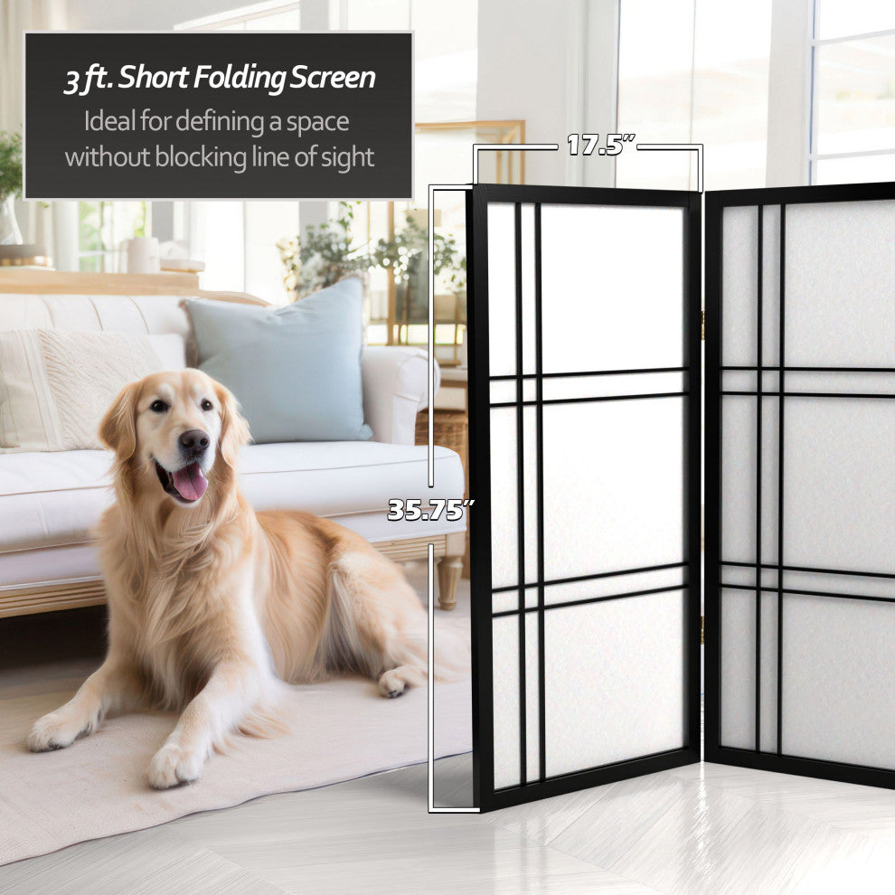 3' Tall Double Cross Shoji Screen, Black, 3 Panels