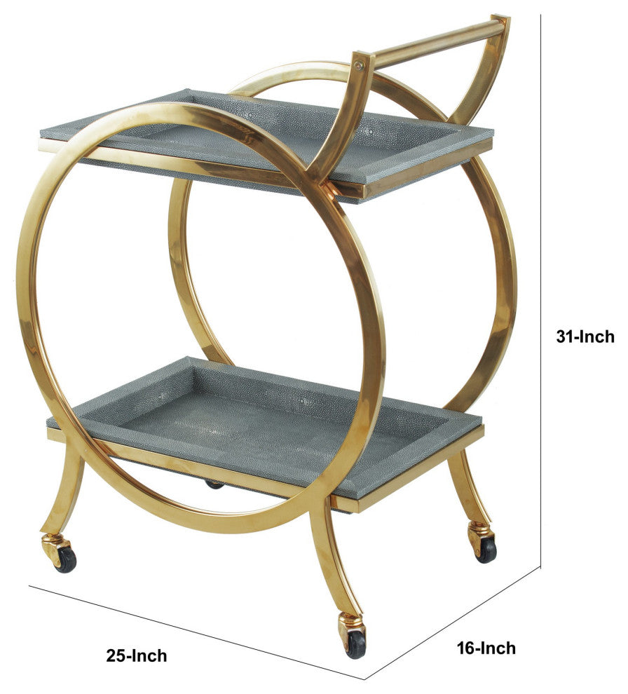 Benzara BM285193 34" Rolling Bar Cart, Steel Frame, Removable Trays Gray, Gold