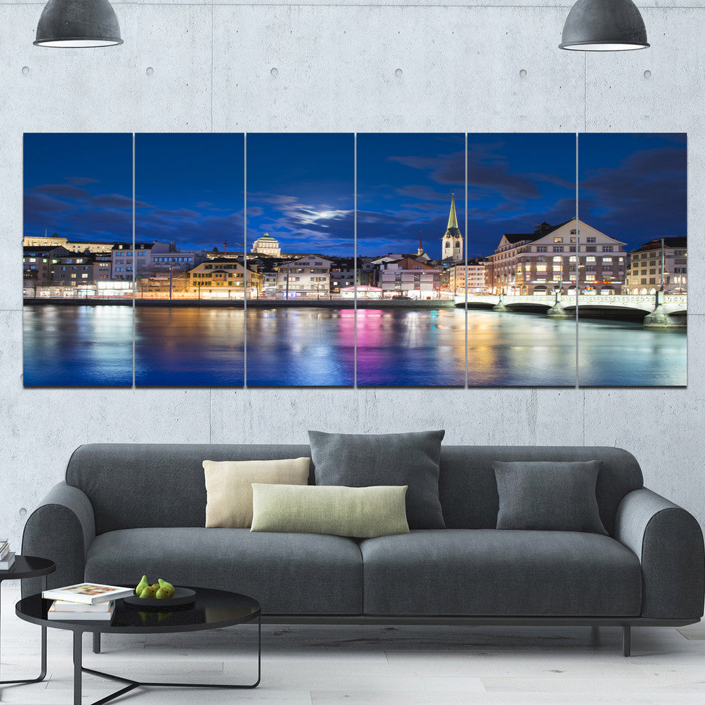 Scenic Panorama of Old Town, Landscape Canvas Art Print, 70"x28", 6 Panels