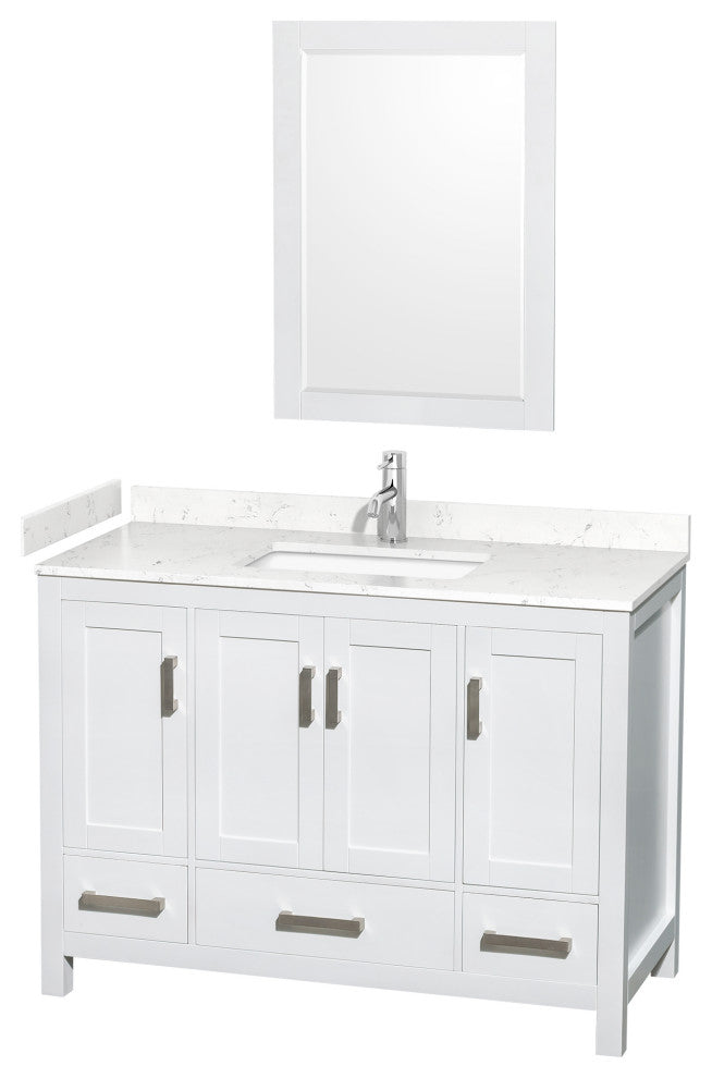48"SGL Bathroom Vanity White, Carrara Cult. Marble Countertop, Sink, 24" Mirror