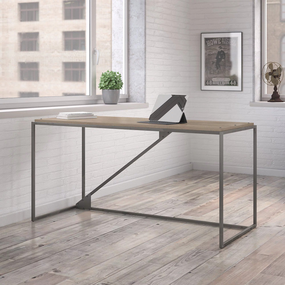 Industrial Desk, Metal Base With Rectangular Wooden Top, Rustic Gray/Natural