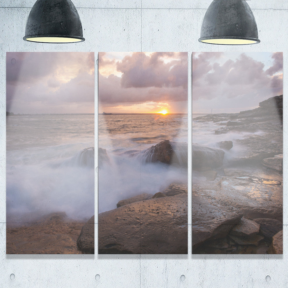 "Waves Hitting Rocks Australia Coastline" Metal Wall Art, 3 Panels, 36"x28"