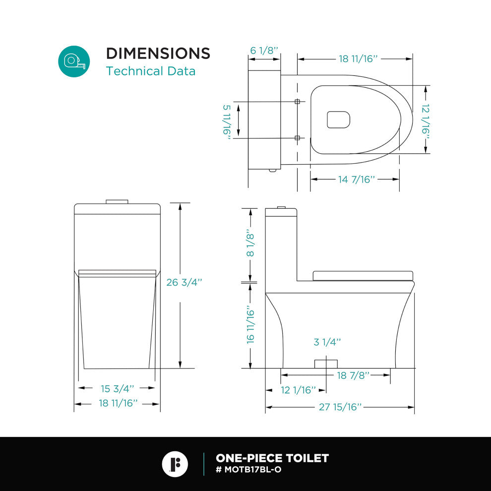 Fine Fixtures Dual-Flush Elongated One-Piece Toilet, Black Matte
