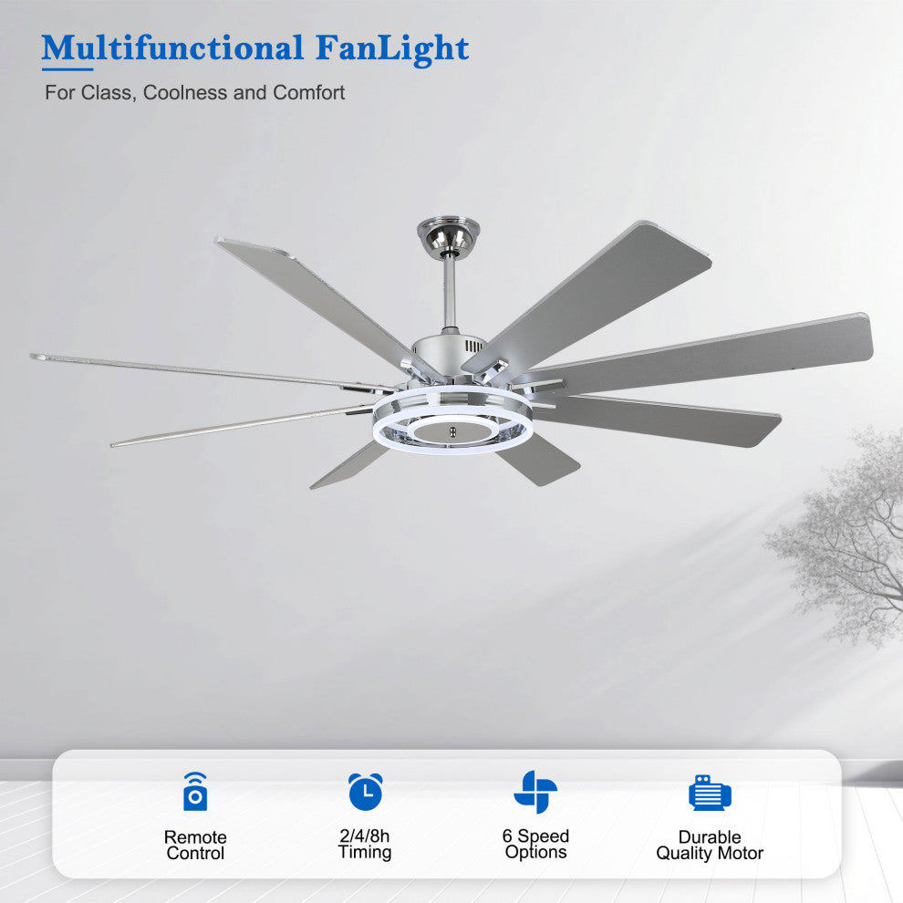 72" Large Ceiling Wood Blade Fan w LED Lights and Remote, Chrome