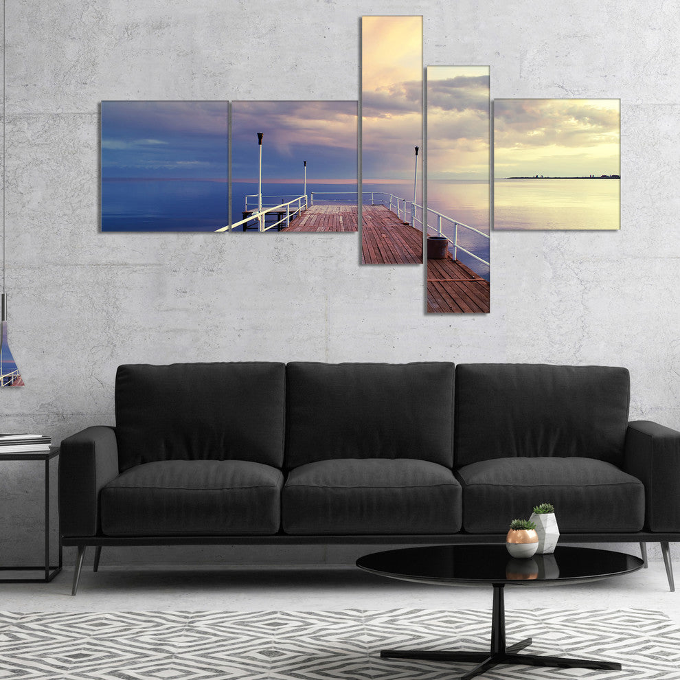 Pier Under Bright Sky, Seascape Canvas Art Print, 60"x32", 5 panels