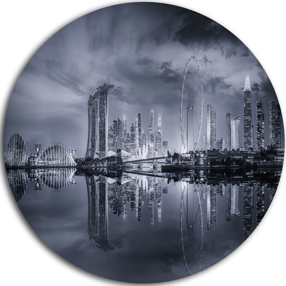 Black And White Singapore Skyline, Cityscape Disc Metal Wall Art, 36"