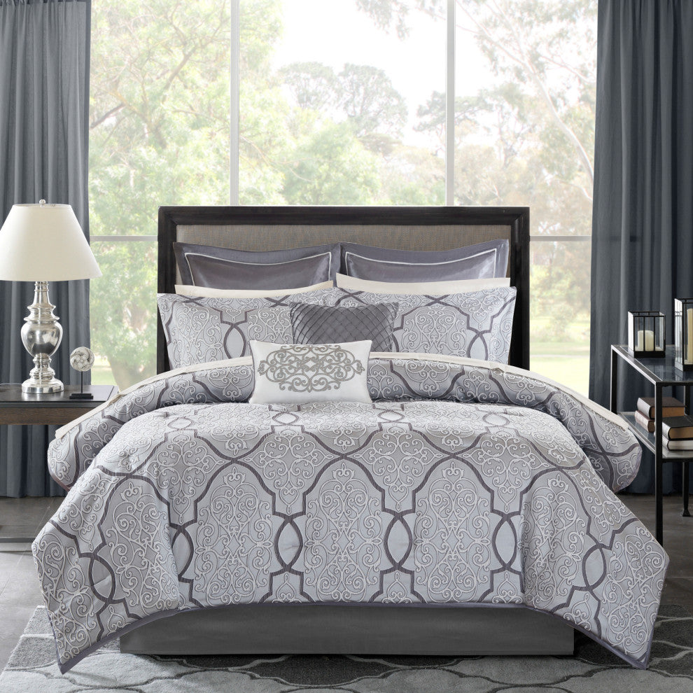 Madison Park Lavine 12 Piece Complete Bed Set, Silver