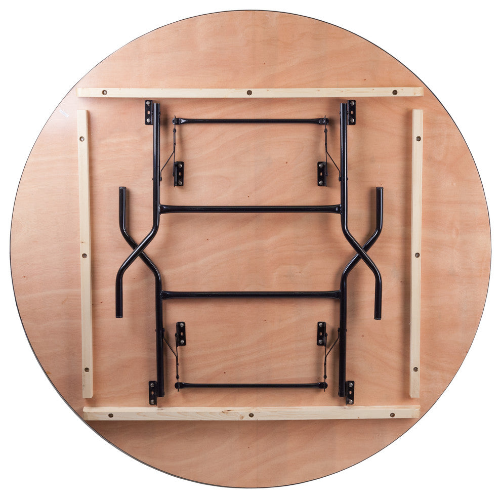 MFO 66'' Round Wood Folding Banquet Table with Clear Coated Finished Top