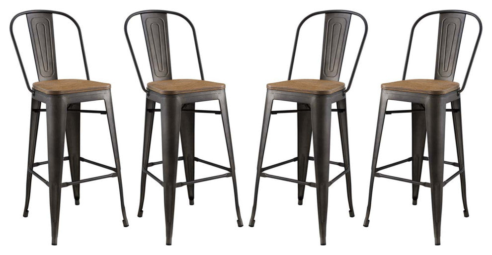 Bar Stool Chair Barstool, Set of 4, Wood, Metal, Brown, Modern, Bar Pub Bistro