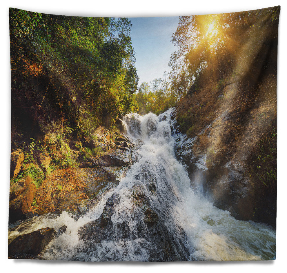 Waterfall through the Forest Landscape Wall Tapestry, 80"x68"