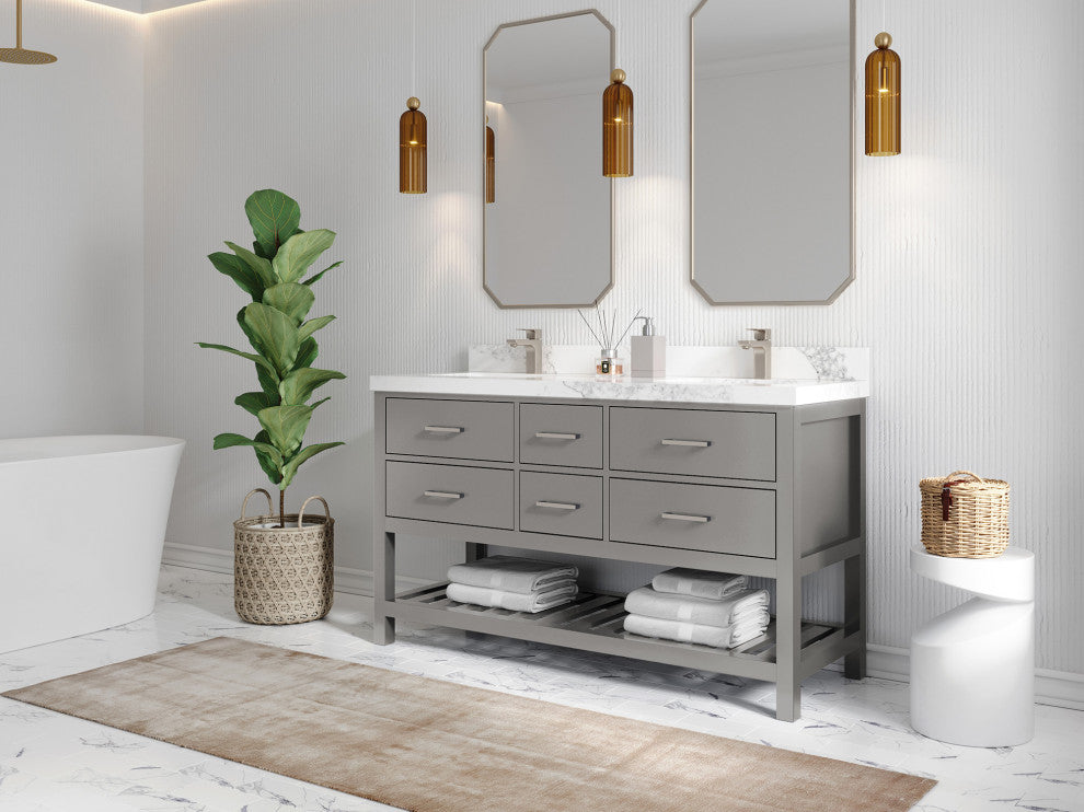 Parker 60 Double Sink Bathroom Vanity in Elephant Skin Gray  1.5" Calacatta Laza