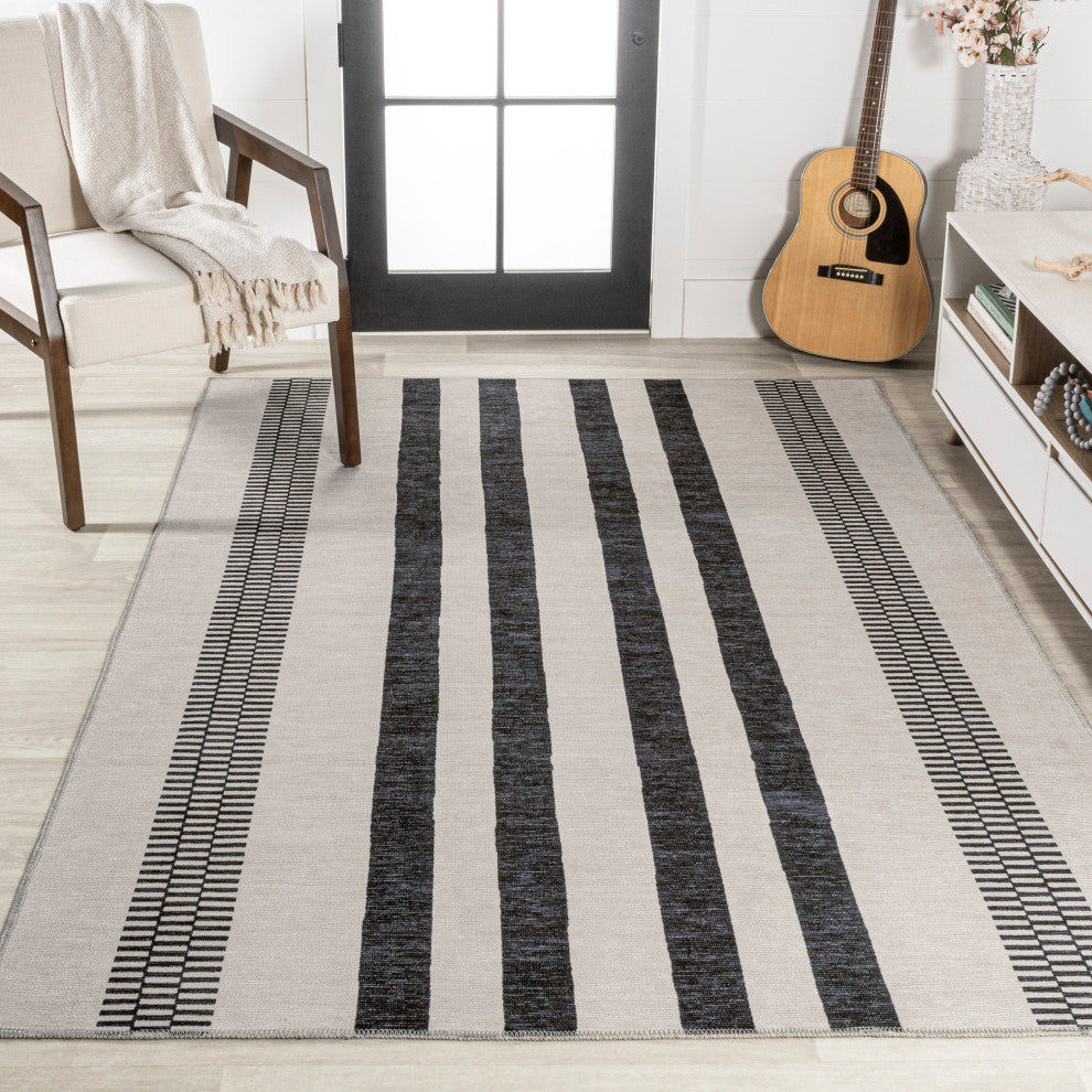 Vichy Geometric Striped Machine-Washable Area Rug, Cream/Black, 4x6