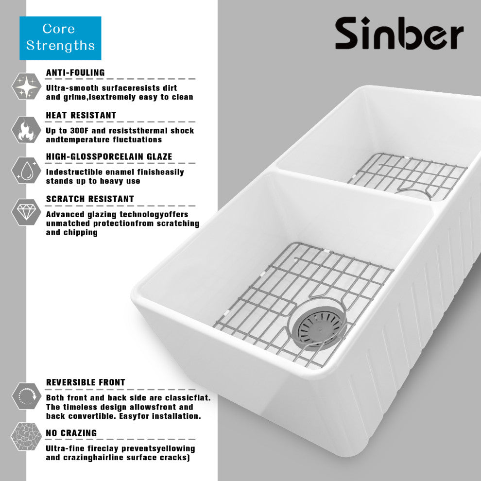 Sinber 33" Farmhouse Apron Double Bowl Kitchen Sink with Fireclay White