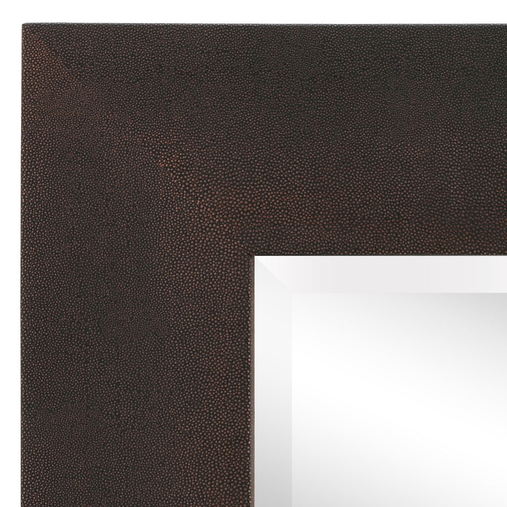 Beveled Wall Mirror, Bronze on Black Metallic Shagreen Leather Framed Mirror