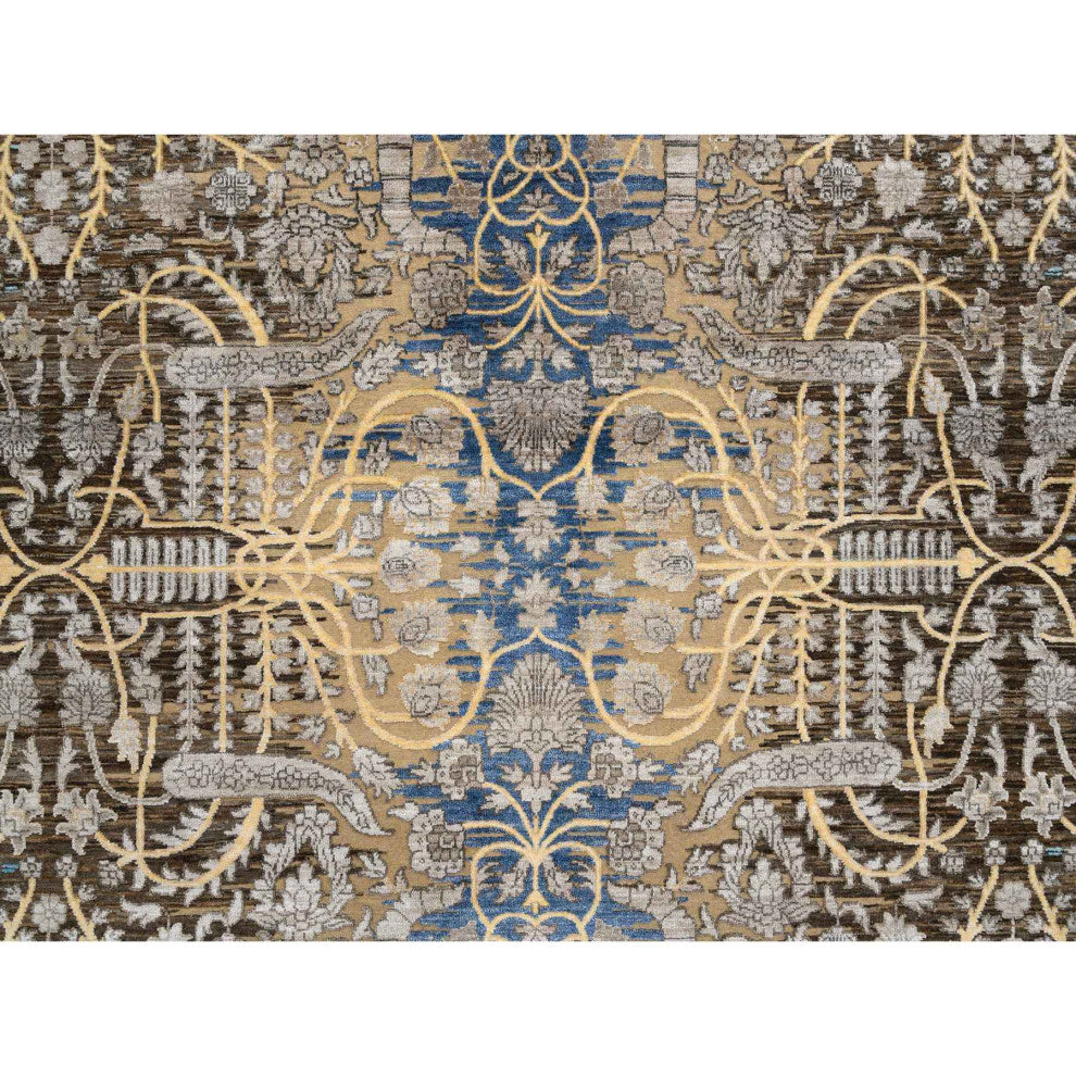 Tan/Brown Silk With Textured Wool Hand Knotted Sarouk Square Rug, 12'0"x12'2"