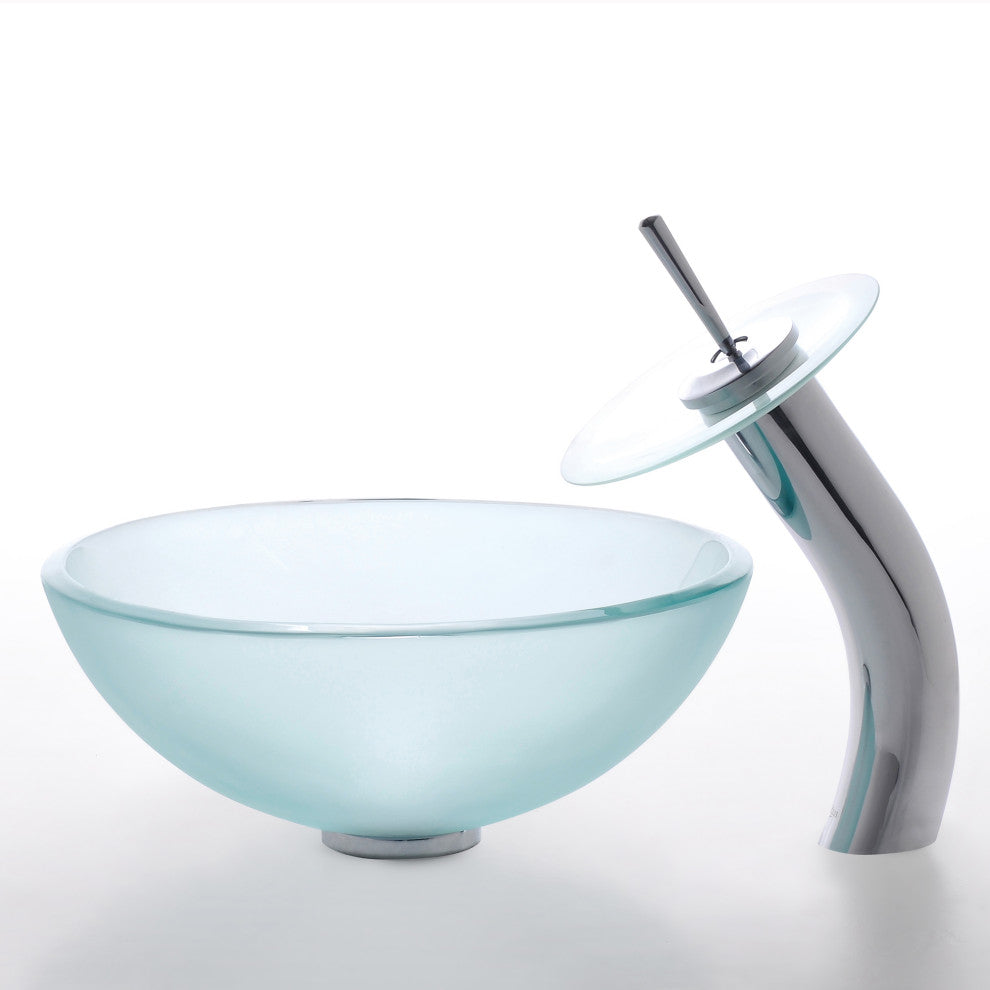 Frosted 14" Glass Vessel Bathroom Sink, PU Drain, Mounting Ring, Nickel