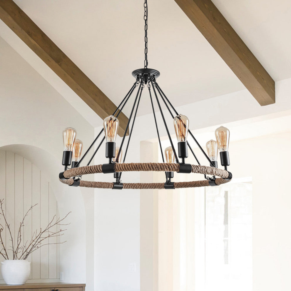Modern Farmhouse Wagon Wheel Light Fixture, 8 Light