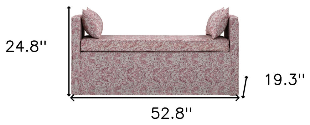 53" Red and Ivory Upholstered Linen Paisley Bench