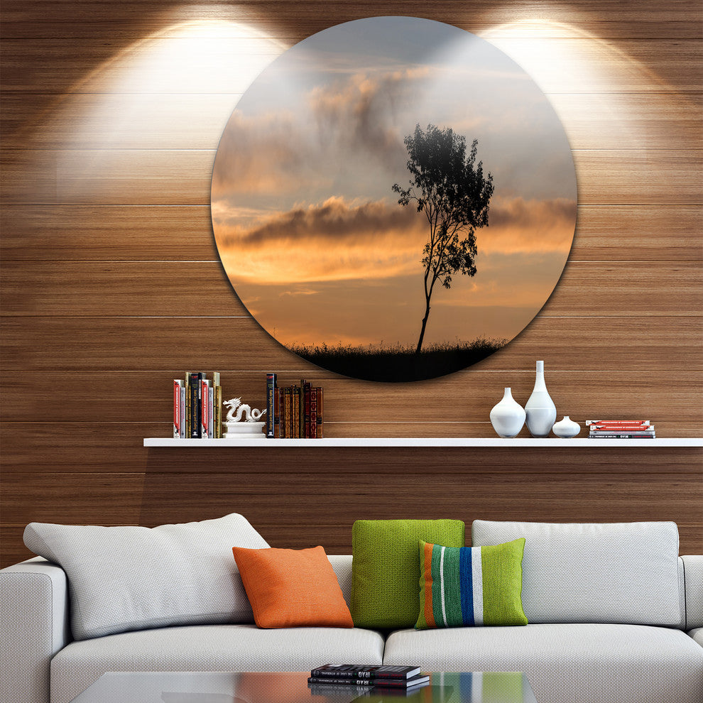 Lonely Tree Silhouette Rightwards, Landscape Disc Metal Artwork, 11"