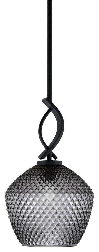 Cavella 1 Light Stem Mini Pendant, Matte Black Finish, 9" Smoke Textured Glass